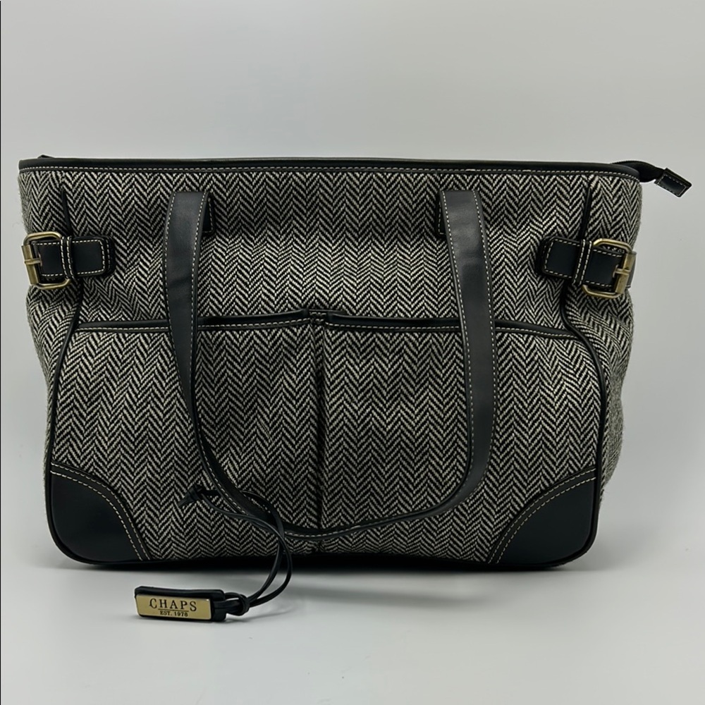 Chaps Canvas Tote Bag Herringbone Tweed Gray Black Faux Leather Trim multi use
